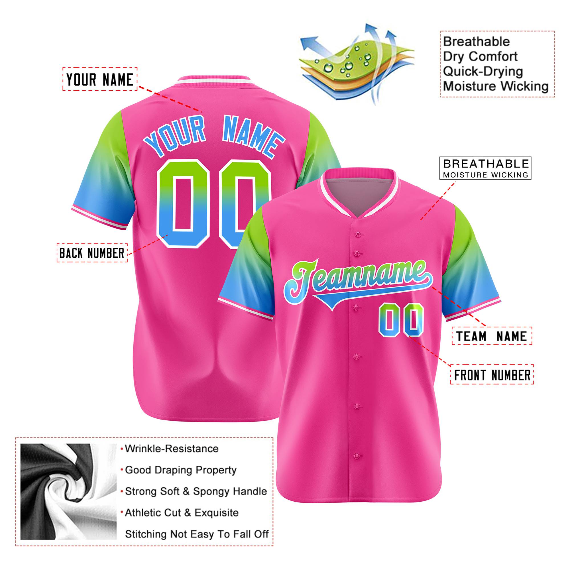 Custom Pink Neon Green-Powder Blue Gradient Fashion Authentic Baseball Jersey