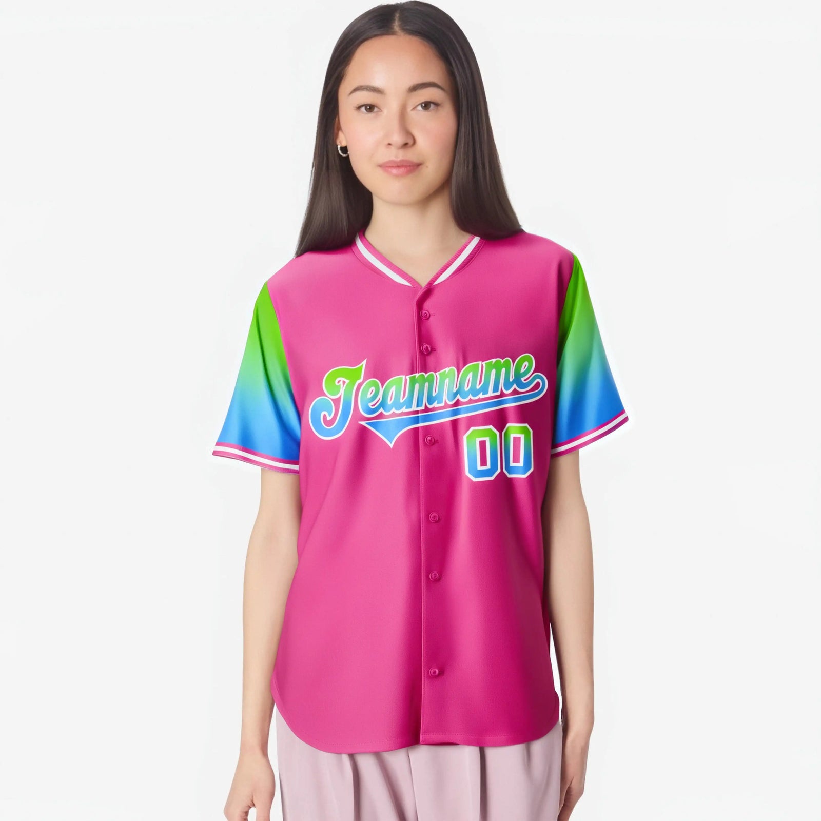 Custom Pink Neon Green-Powder Blue Gradient Fashion Authentic Baseball Jersey