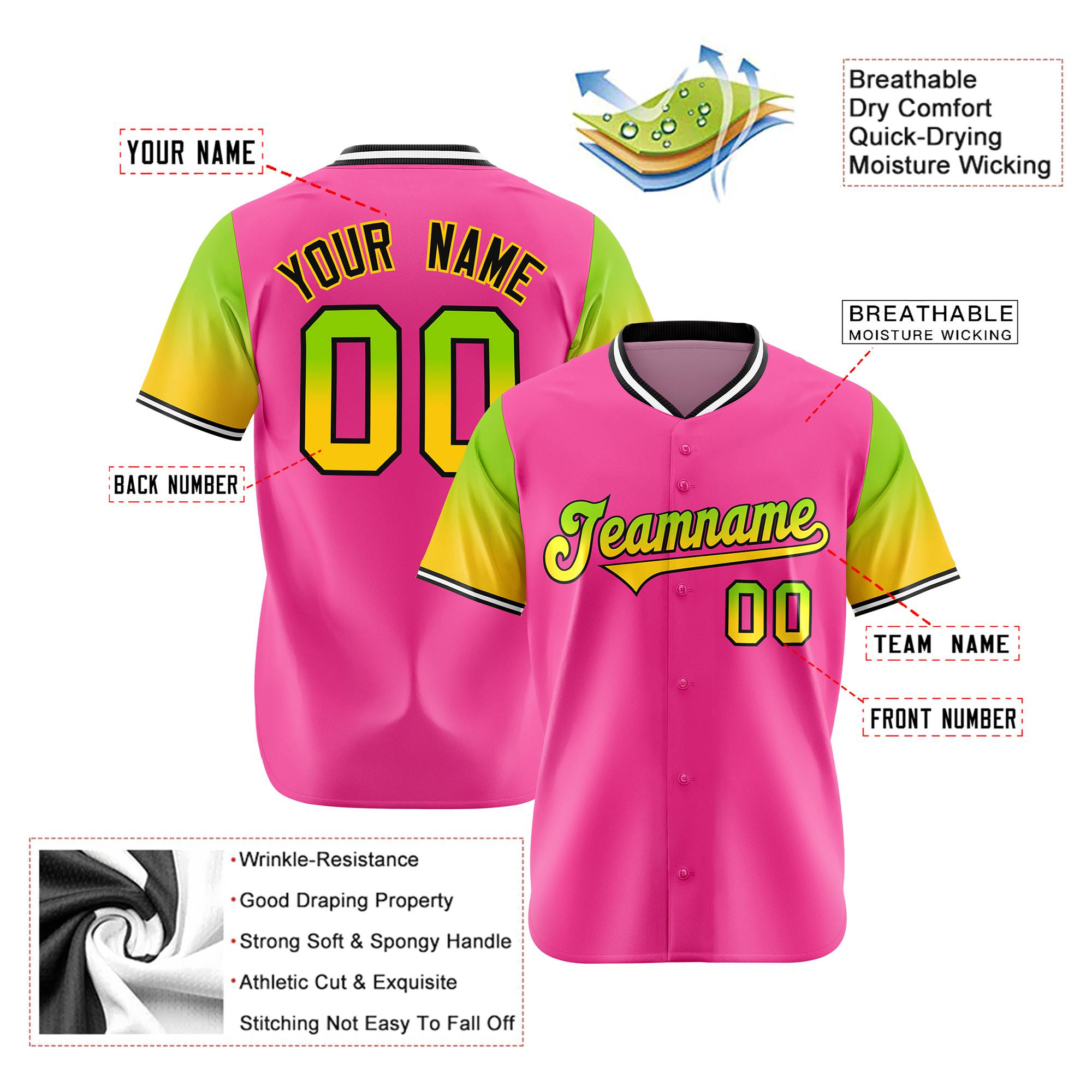 Custom Pink Neon Green-Gold Gradient Fashion Authentic Baseball Jersey