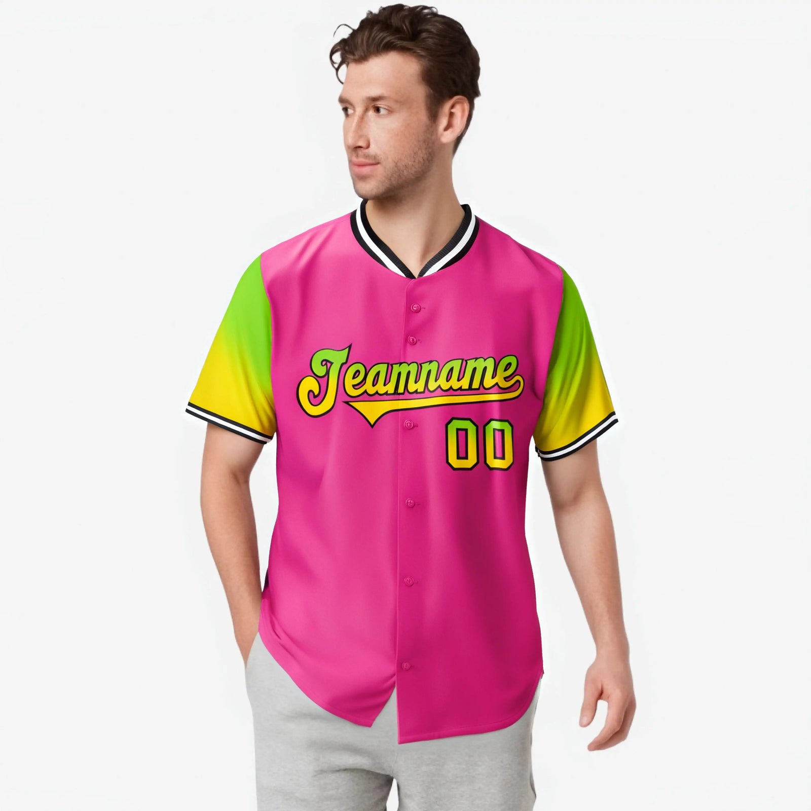 Custom Pink Neon Green-Gold Gradient Fashion Authentic Baseball Jersey