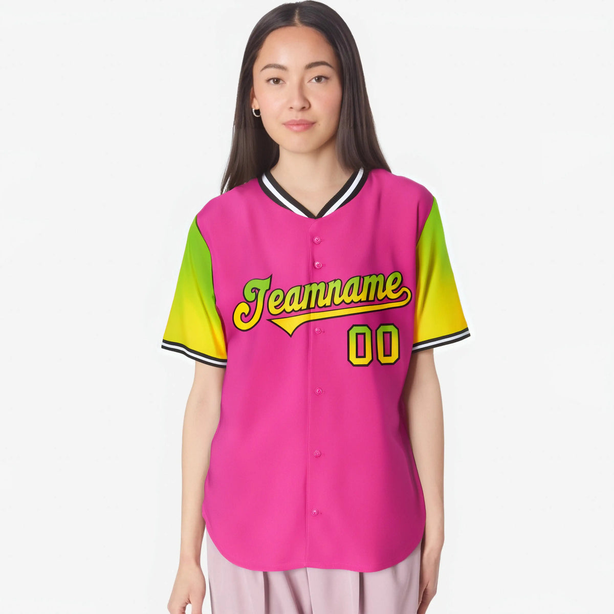 Custom Pink Neon Green-Gold Gradient Fashion Authentic Baseball Jersey
