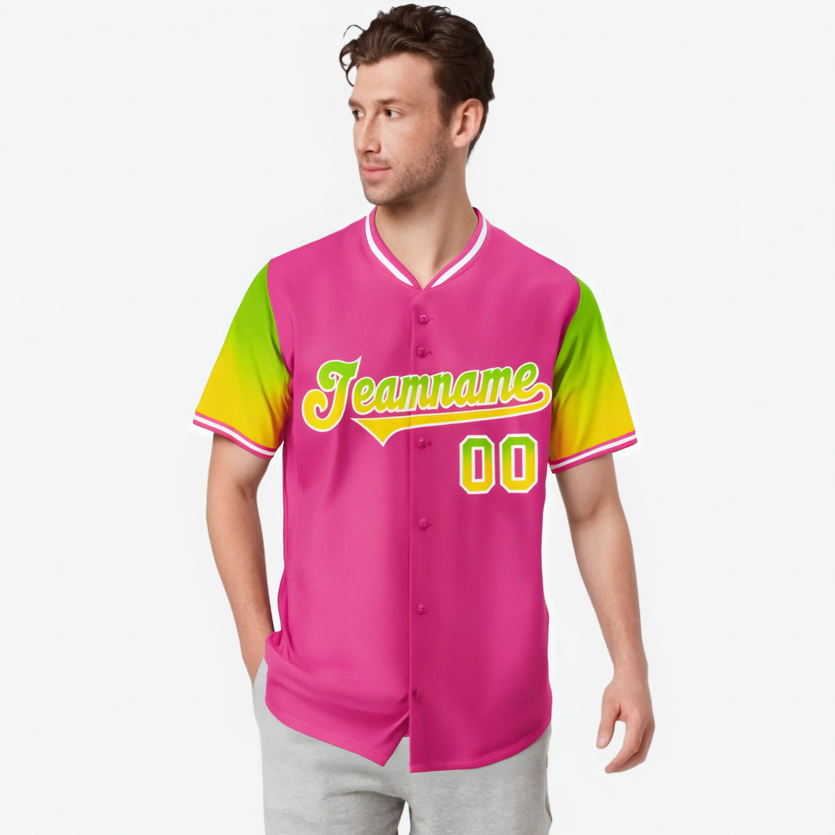Custom Pink Neon Green-Gold Gradient Fashion Authentic Baseball Jersey