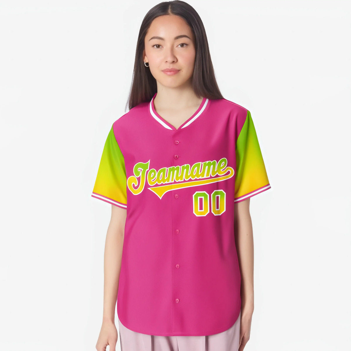 Custom Pink Neon Green-Gold Gradient Fashion Authentic Baseball Jersey