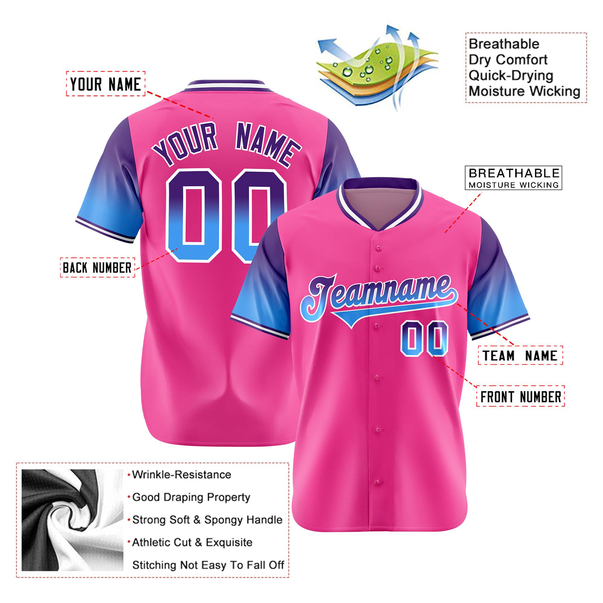 Custom Pink Purple-Powder Blue Gradient Fashion Authentic Baseball Jersey