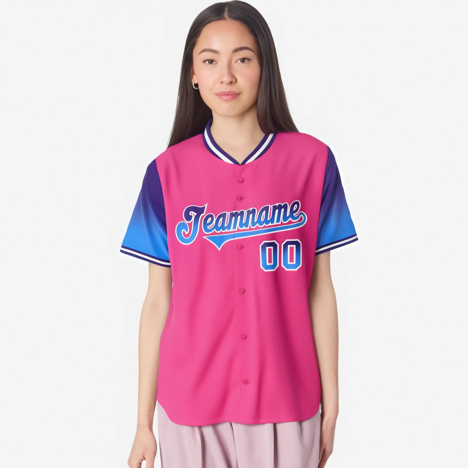 Custom Pink Purple-Powder Blue Gradient Fashion Authentic Baseball Jersey