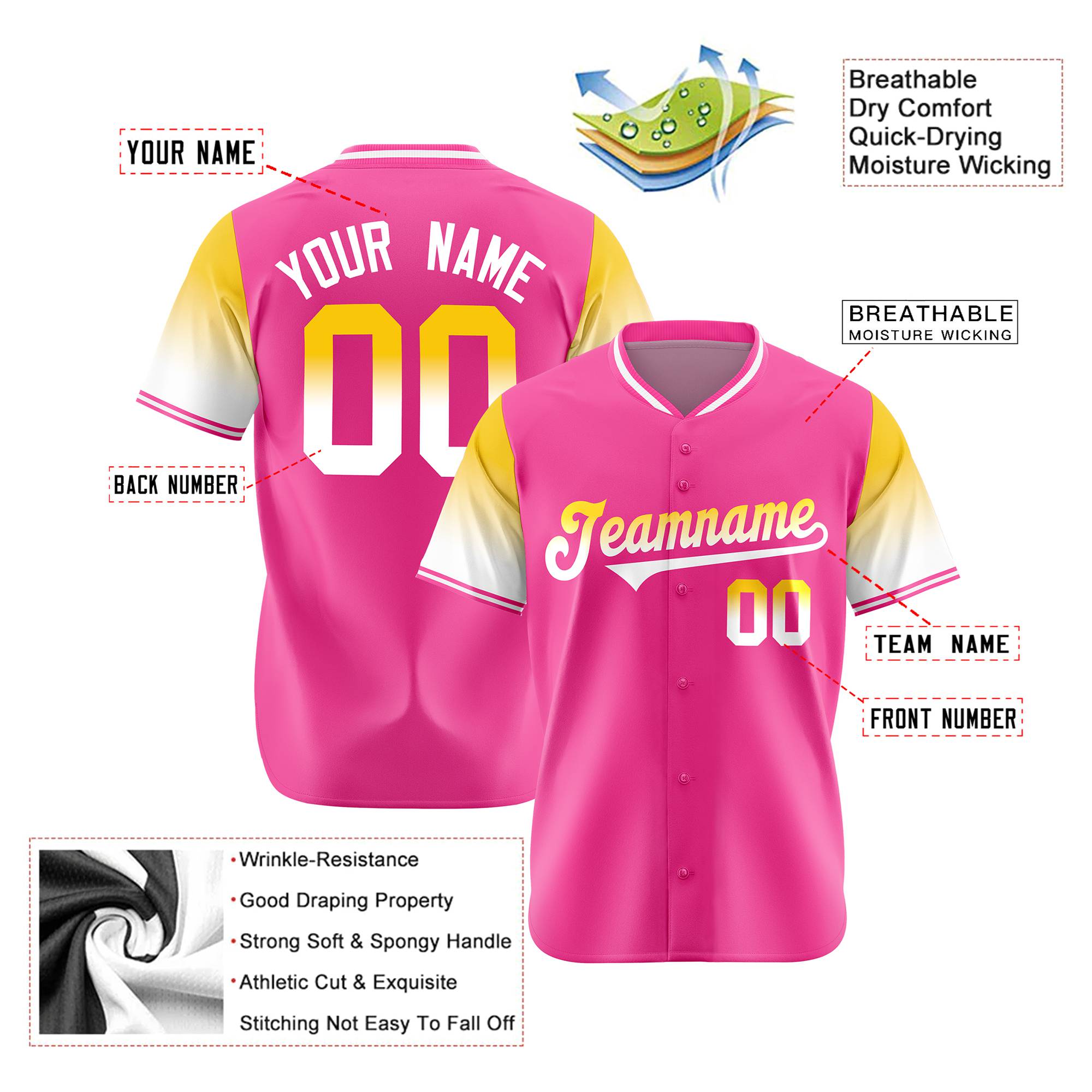 Custom Pink Gold-White Gradient Fashion Authentic Baseball Jersey