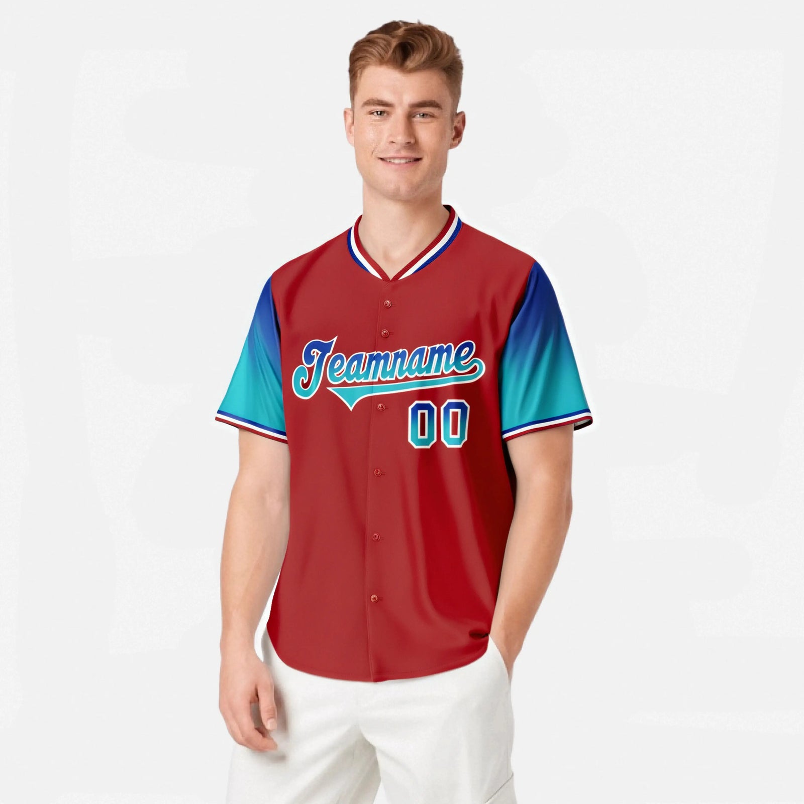 Custom Red Royal Blue-Aqua Gradient Fashion Authentic Baseball Jersey
