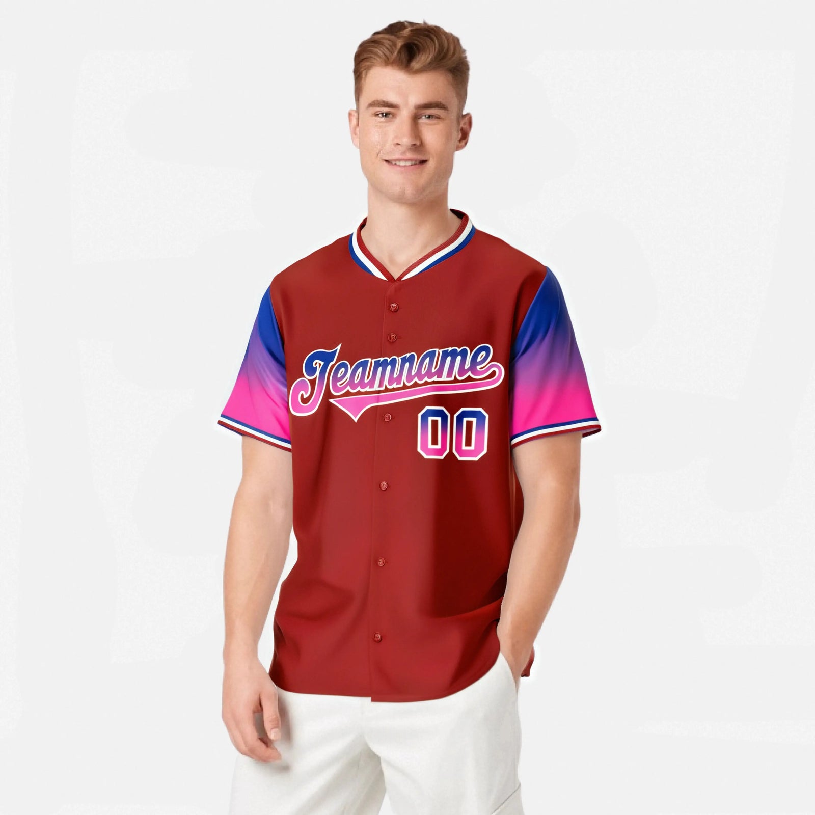 Custom Red Royal Blue-Pink Gradient Fashion Authentic Baseball Jersey