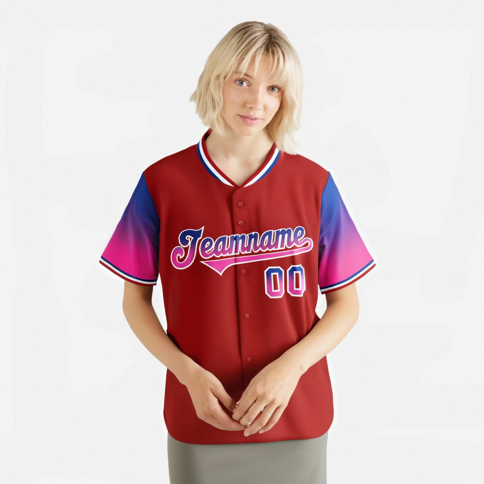 Custom Red Royal Blue-Pink Gradient Fashion Authentic Baseball Jersey