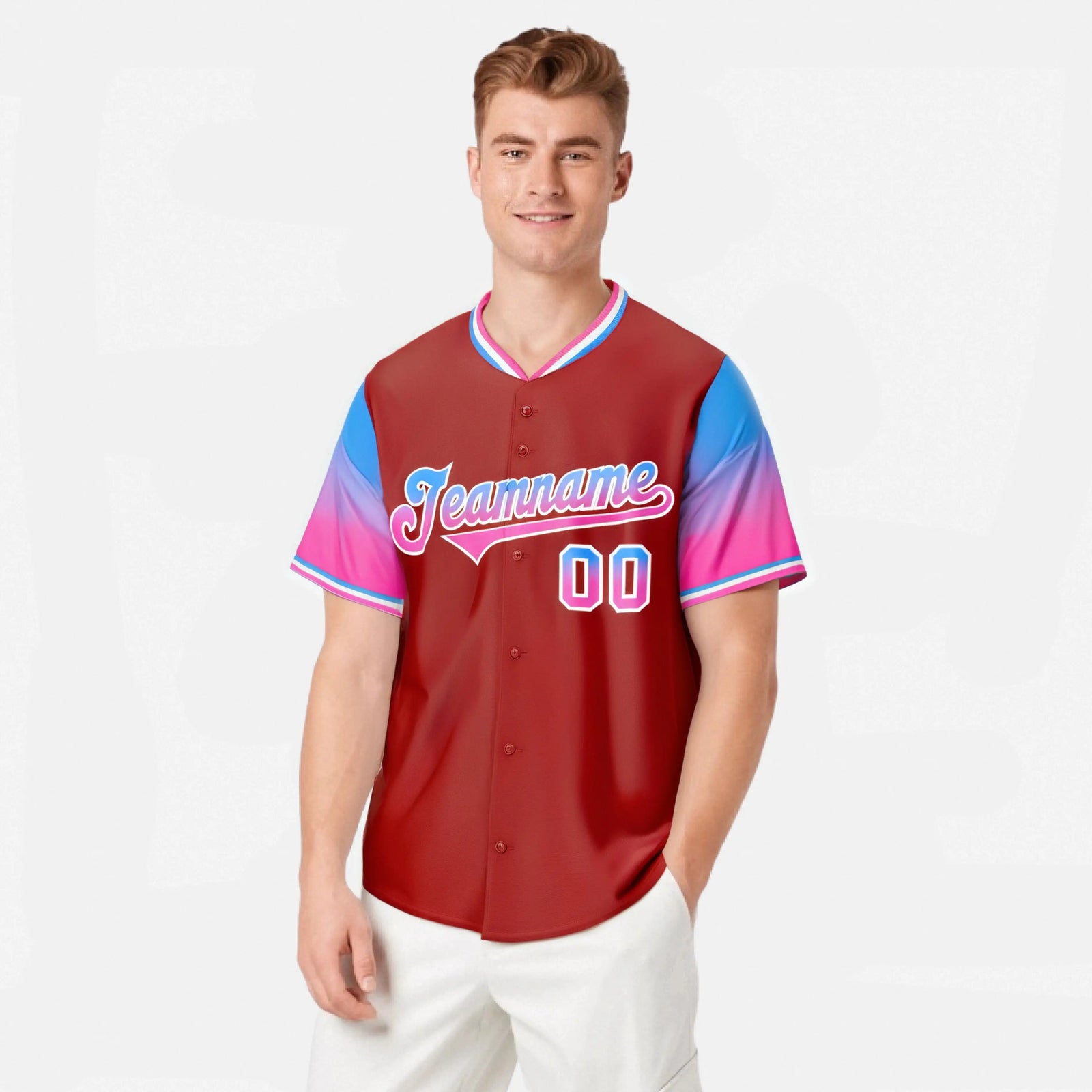 Custom Red Powder Blue-Pink Gradient Fashion Authentic Baseball Jersey