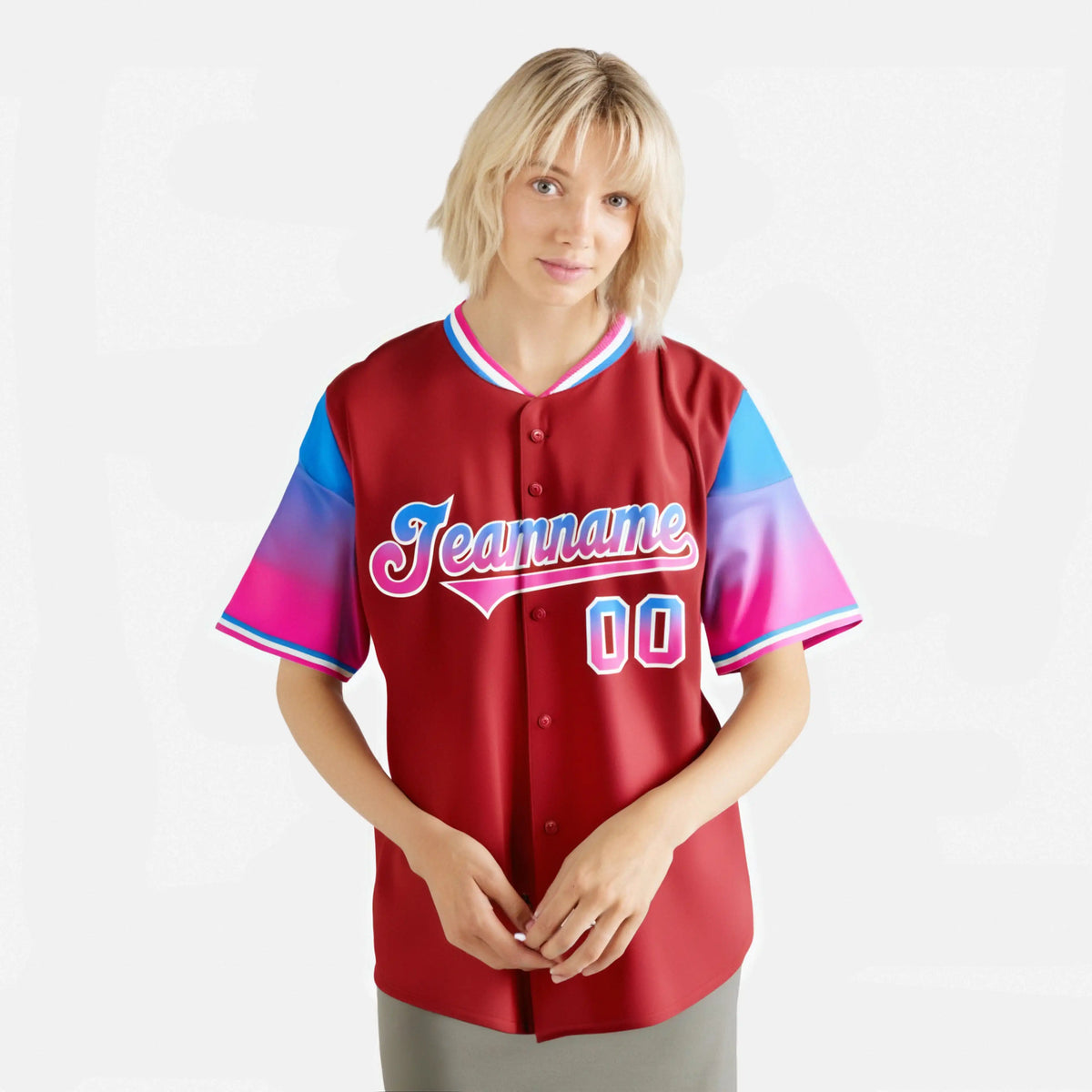 Custom Red Powder Blue-Pink Gradient Fashion Authentic Baseball Jersey