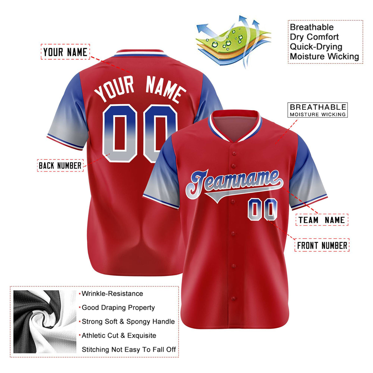 Custom Red Royal Blue-Gray Gradient Fashion Authentic Baseball Jersey