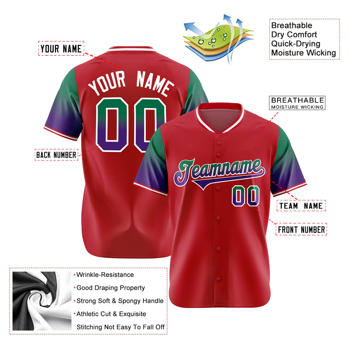 Custom Red Green-Purple Gradient Fashion Authentic Baseball Jersey