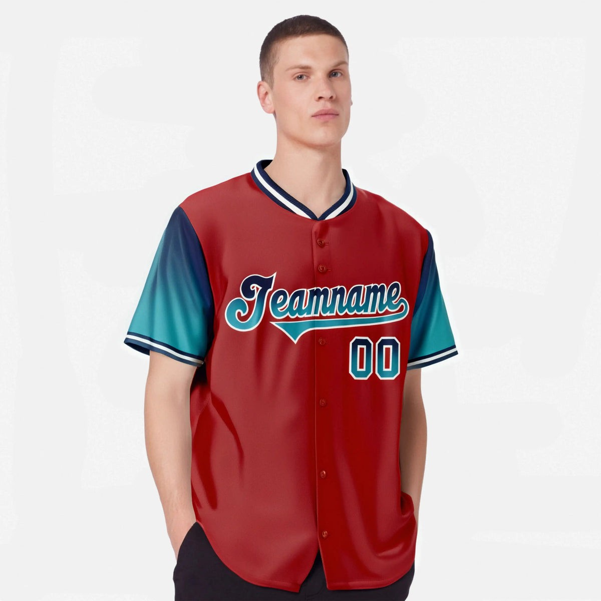 Custom Red Navy-Aqua Gradient Fashion Authentic Baseball Jersey