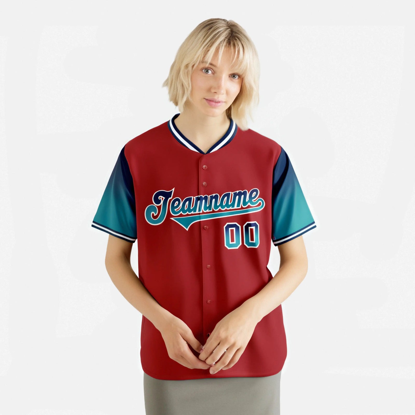 Custom Red Navy-Aqua Gradient Fashion Authentic Baseball Jersey