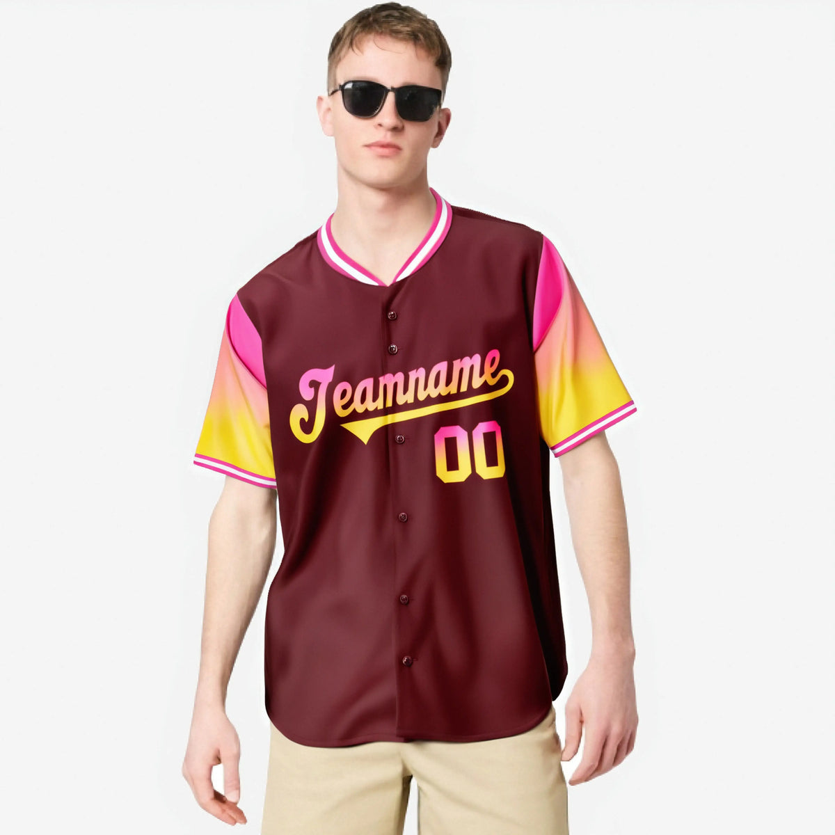 Custom Crimson Pink-Gold Gradient Fashion Authentic Baseball Jersey