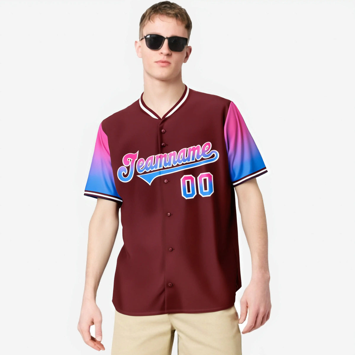 Custom Crimson Pink-Powder Blue Gradient Fashion Authentic Baseball Jersey