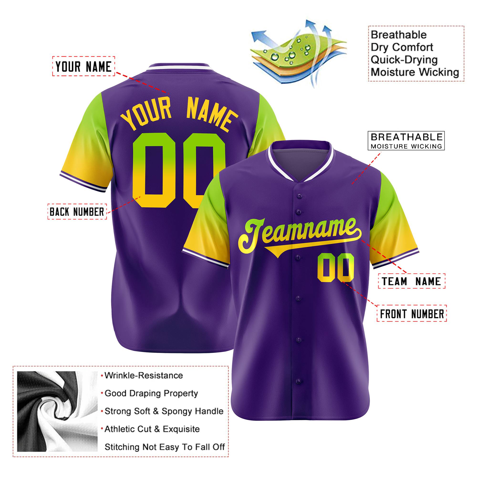 Custom Purple Neon Green-Gold Gradient Fashion Authentic Baseball Jersey