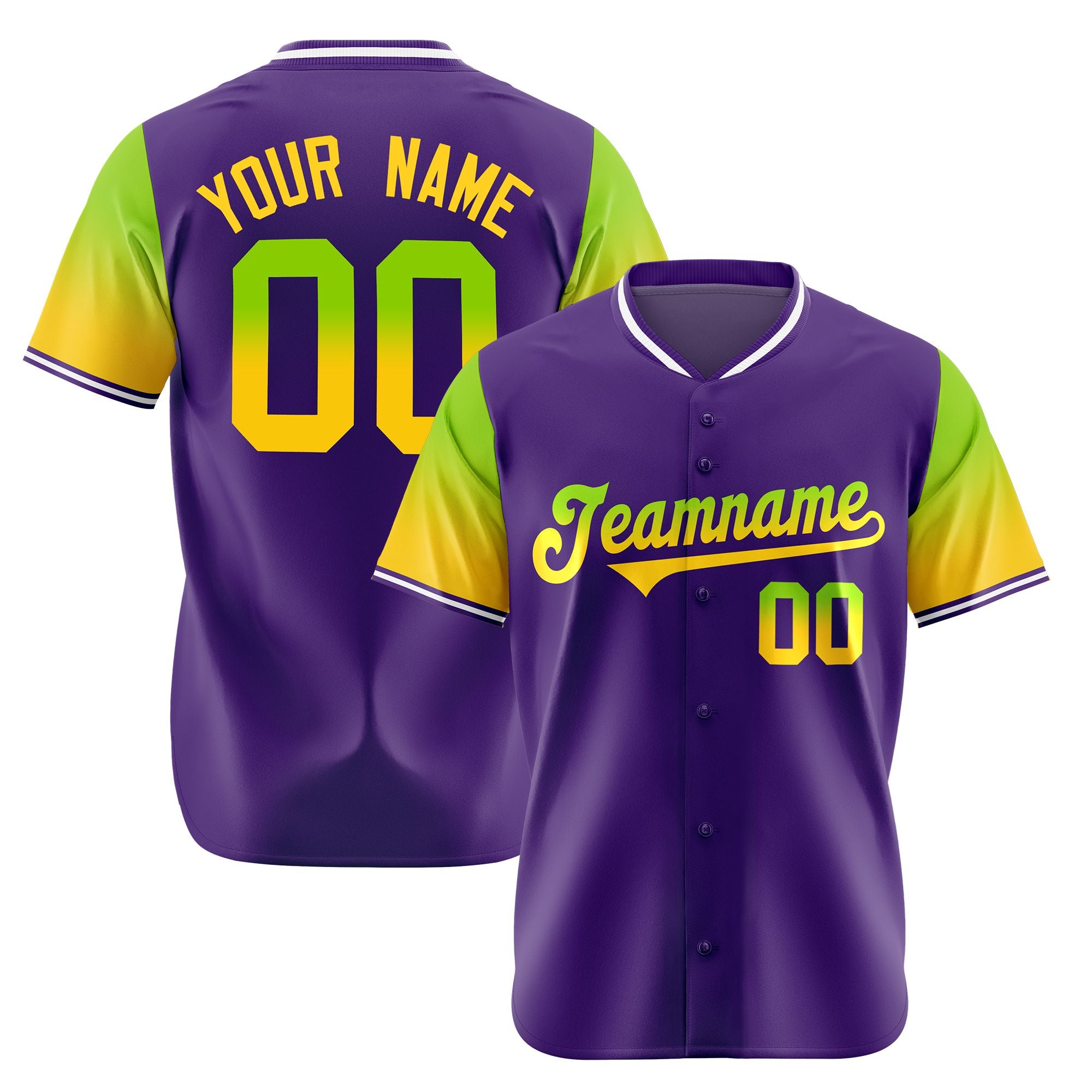 Custom Purple Neon Green-Gold Gradient Fashion Authentic Baseball Jersey