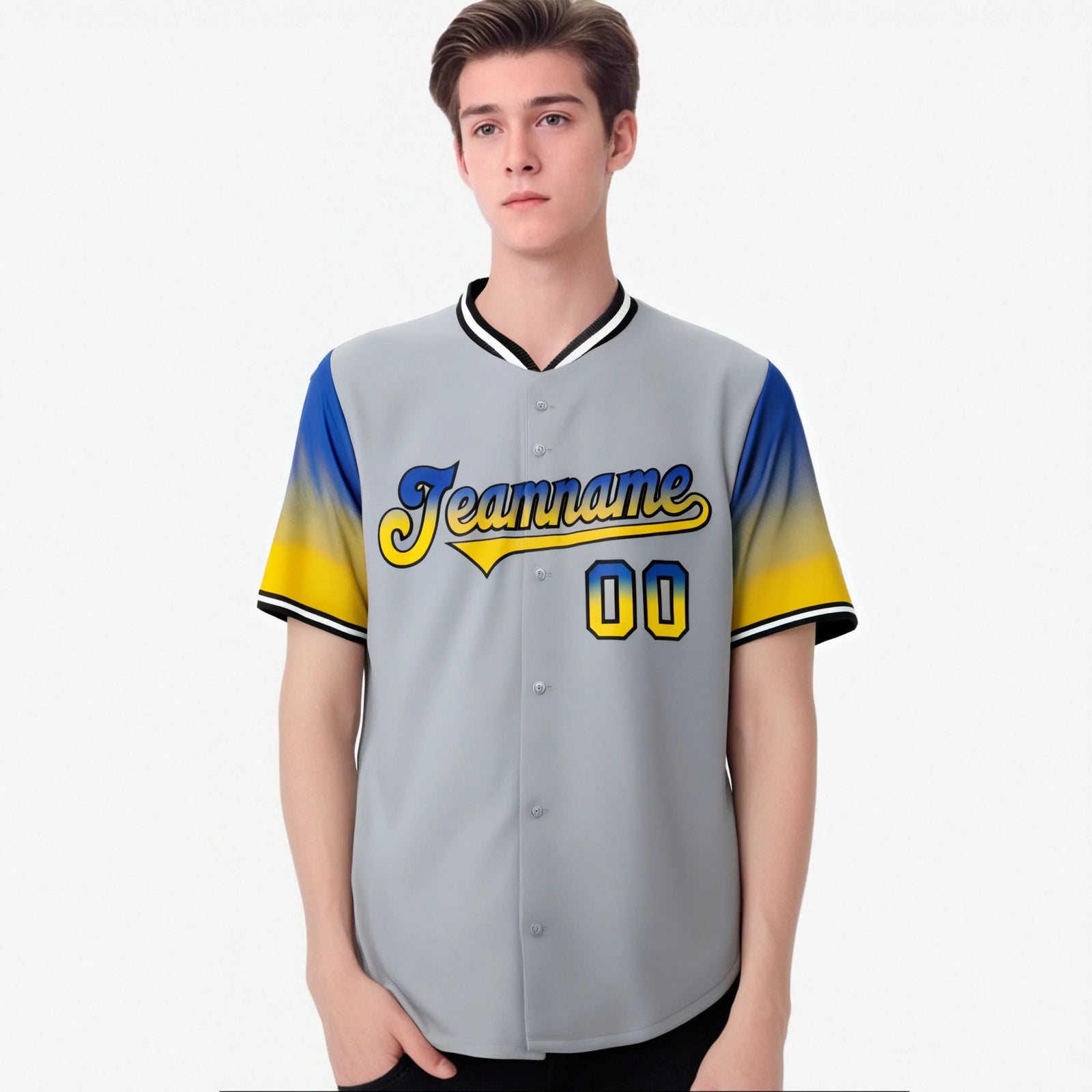 Custom Gray Royal Blue-Gold Gradient Fashion Authentic Baseball Jersey