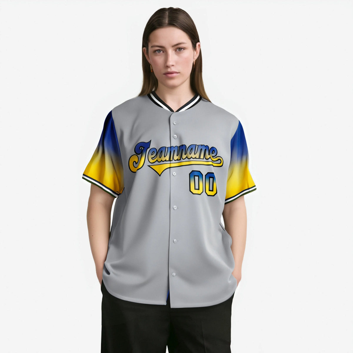 Custom Gray Royal Blue-Gold Gradient Fashion Authentic Baseball Jersey