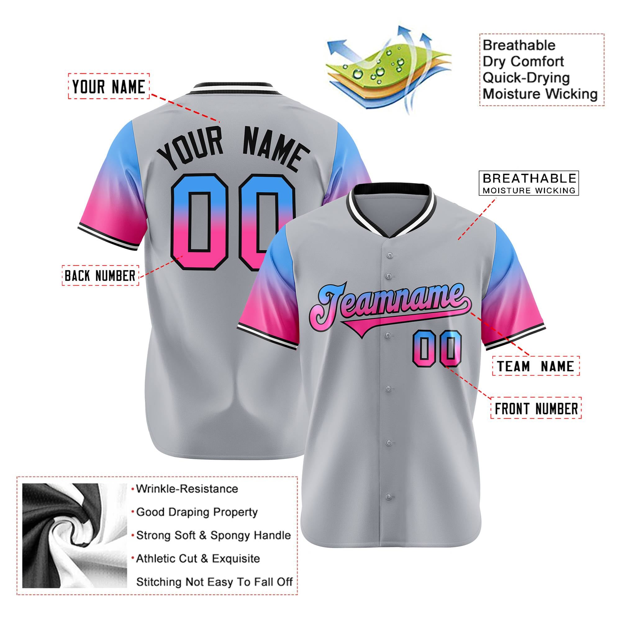 Custom Gray Powder Blue-Pink Gradient Fashion Authentic Baseball Jersey