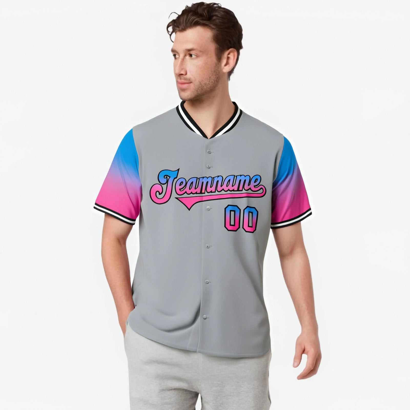 Custom Gray Powder Blue-Pink Gradient Fashion Authentic Baseball Jersey