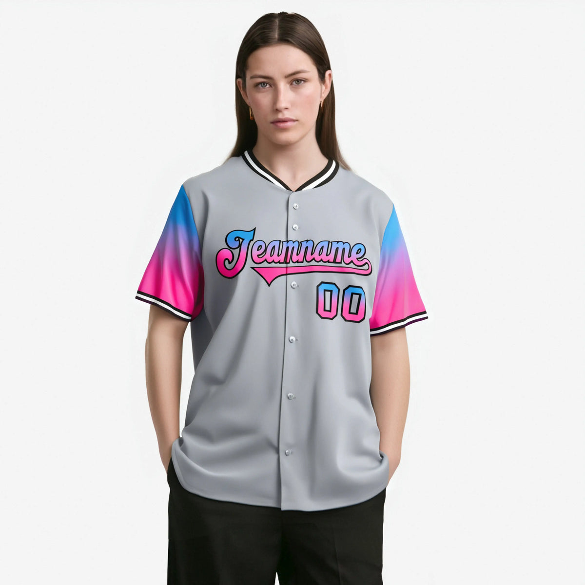 Custom Gray Powder Blue-Pink Gradient Fashion Authentic Baseball Jersey