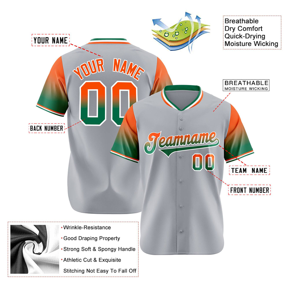 Custom Gray Orange-Kelly Green Gradient Fashion Authentic Baseball Jersey
