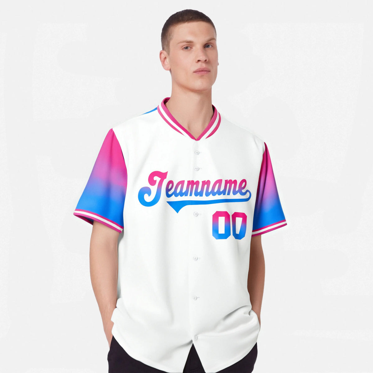 Custom White Pink-Powder Blue Gradient Fashion Authentic Baseball Jersey