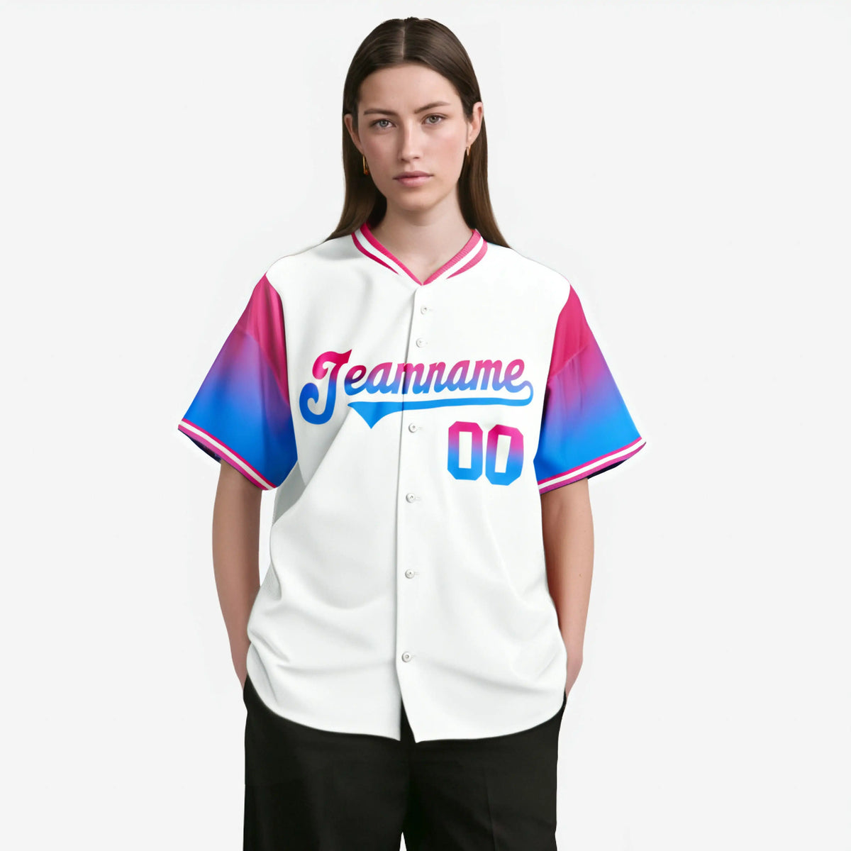 Custom White Pink-Powder Blue Gradient Fashion Authentic Baseball Jersey