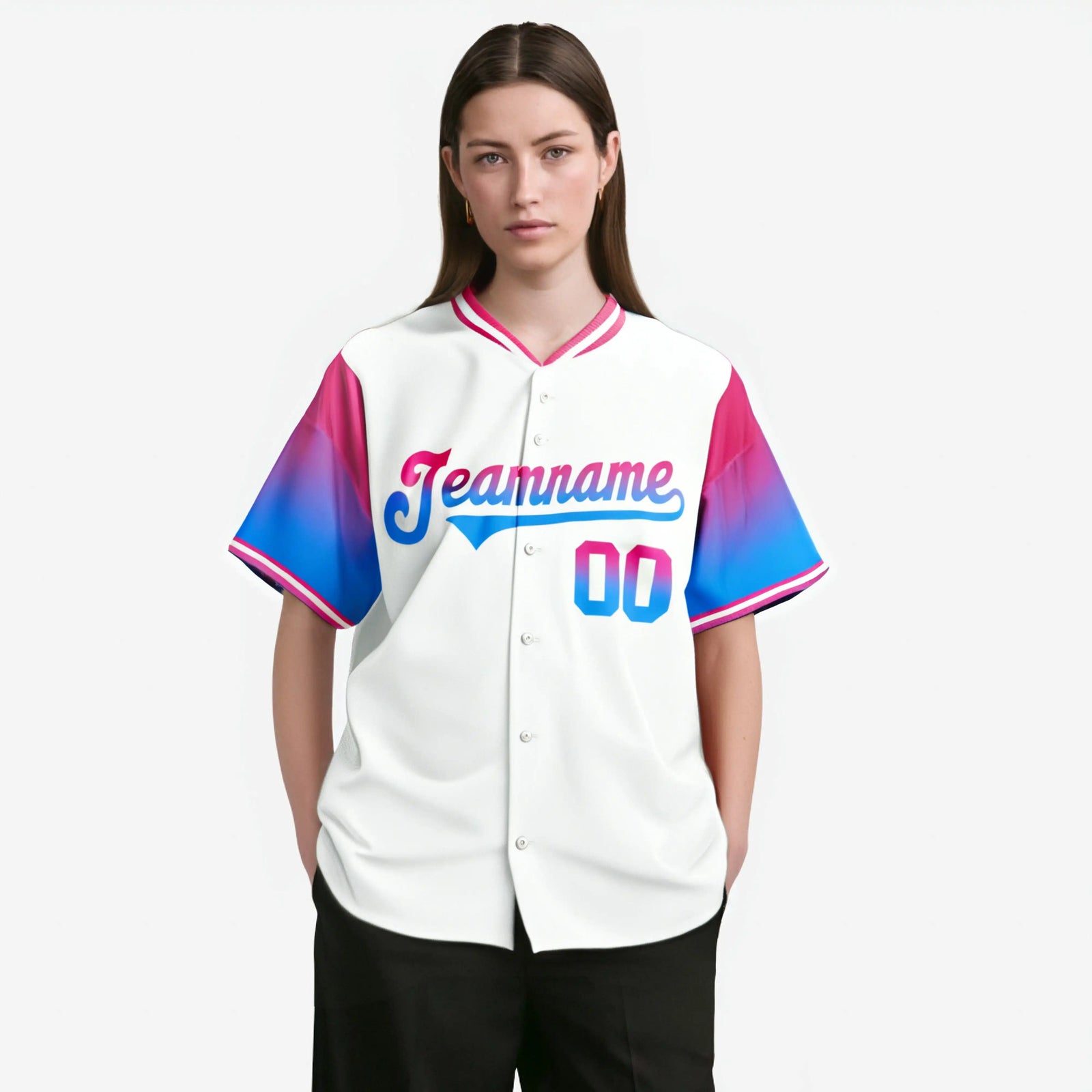 Custom White Pink-Powder Blue Gradient Fashion Authentic Baseball Jersey