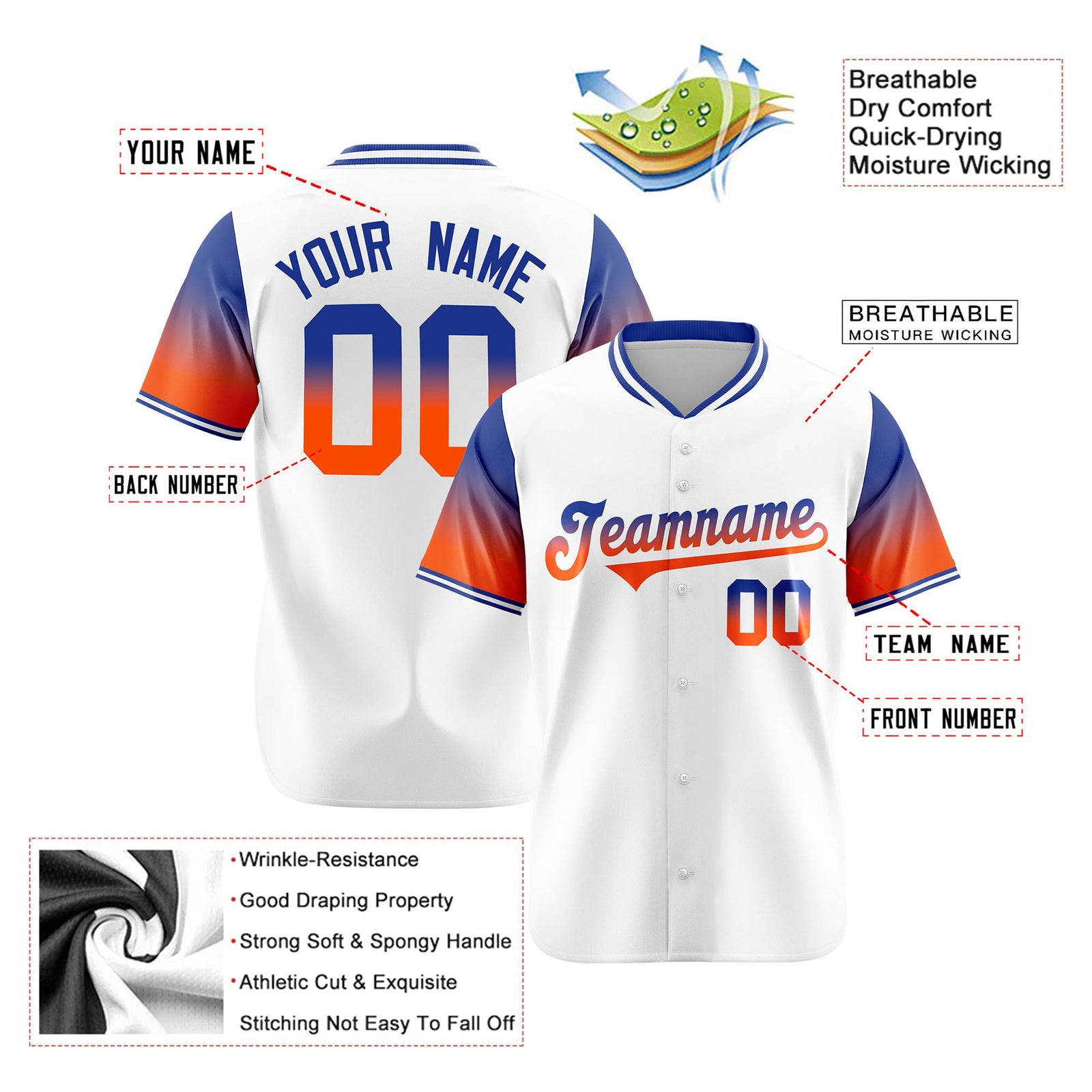 Custom White Royal Blue-Orange Gradient Fashion Authentic Baseball Jersey