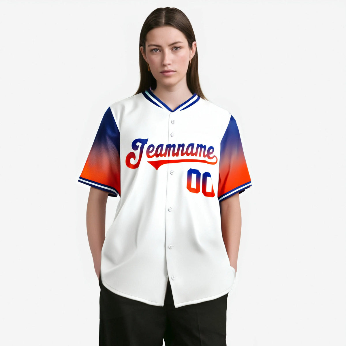 Custom White Royal Blue-Orange Gradient Fashion Authentic Baseball Jersey