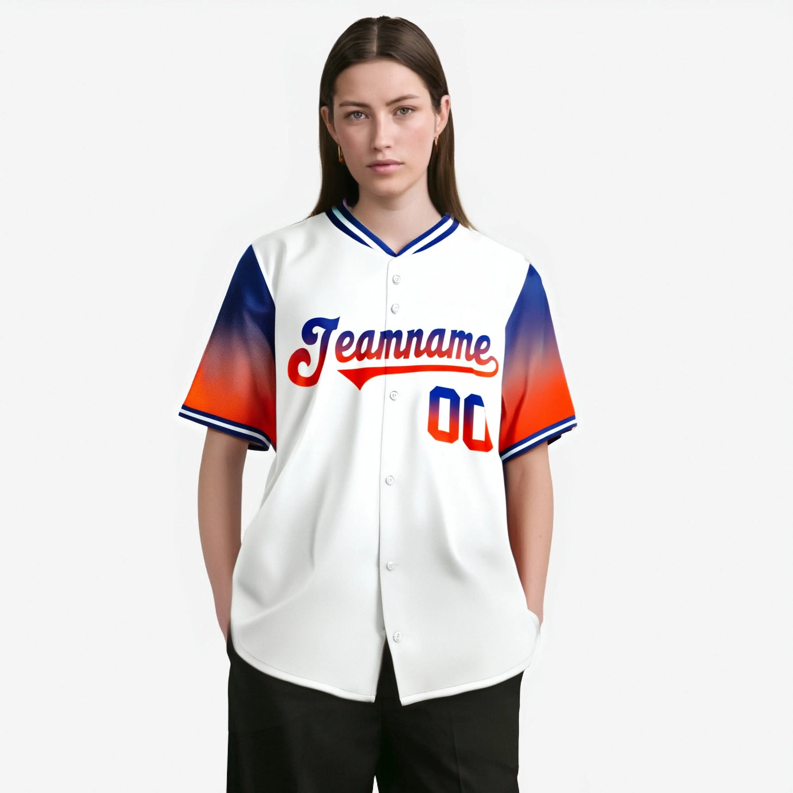 Custom White Royal Blue-Orange Gradient Fashion Authentic Baseball Jersey