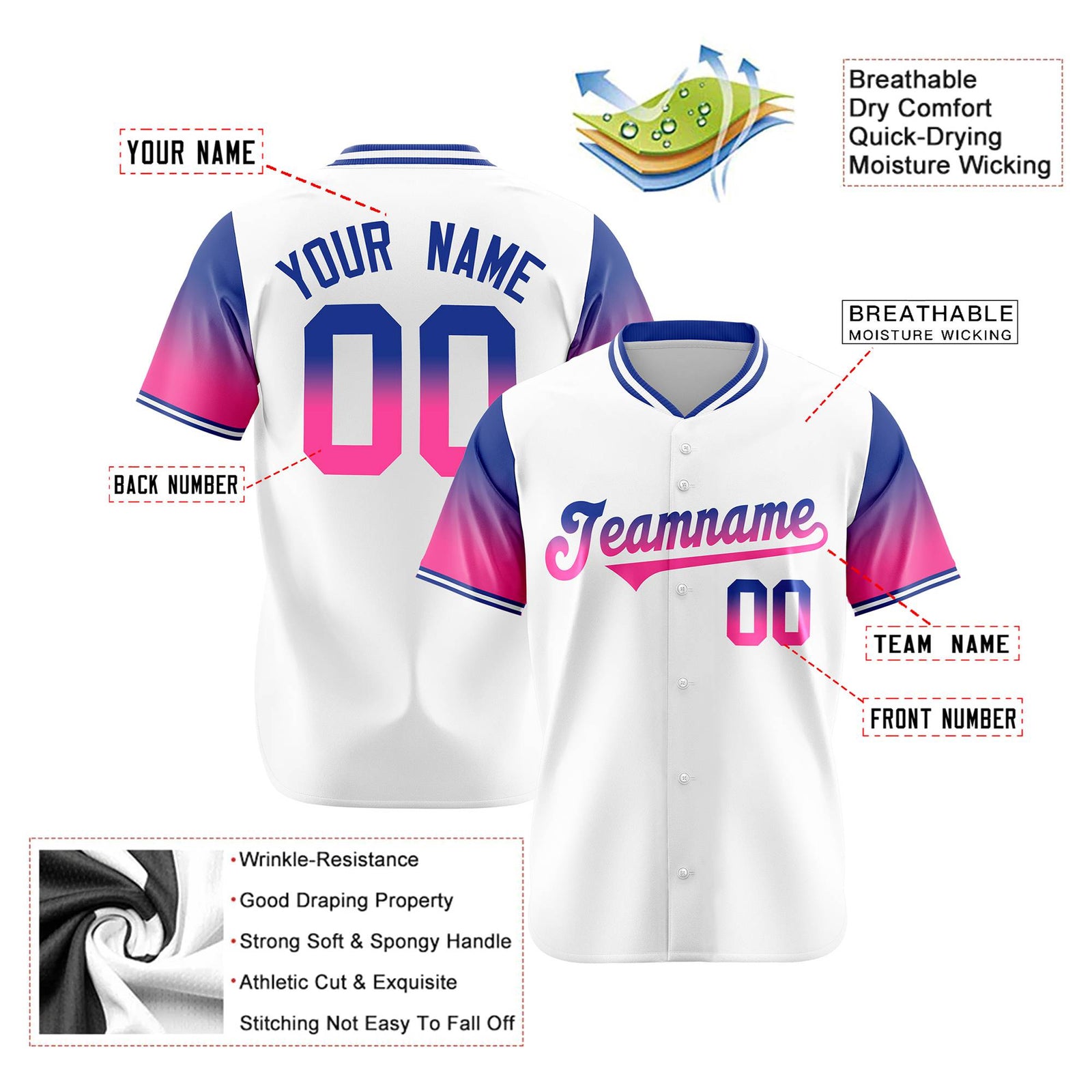 Custom White Royal Blue-Pink Gradient Fashion Authentic Baseball Jersey