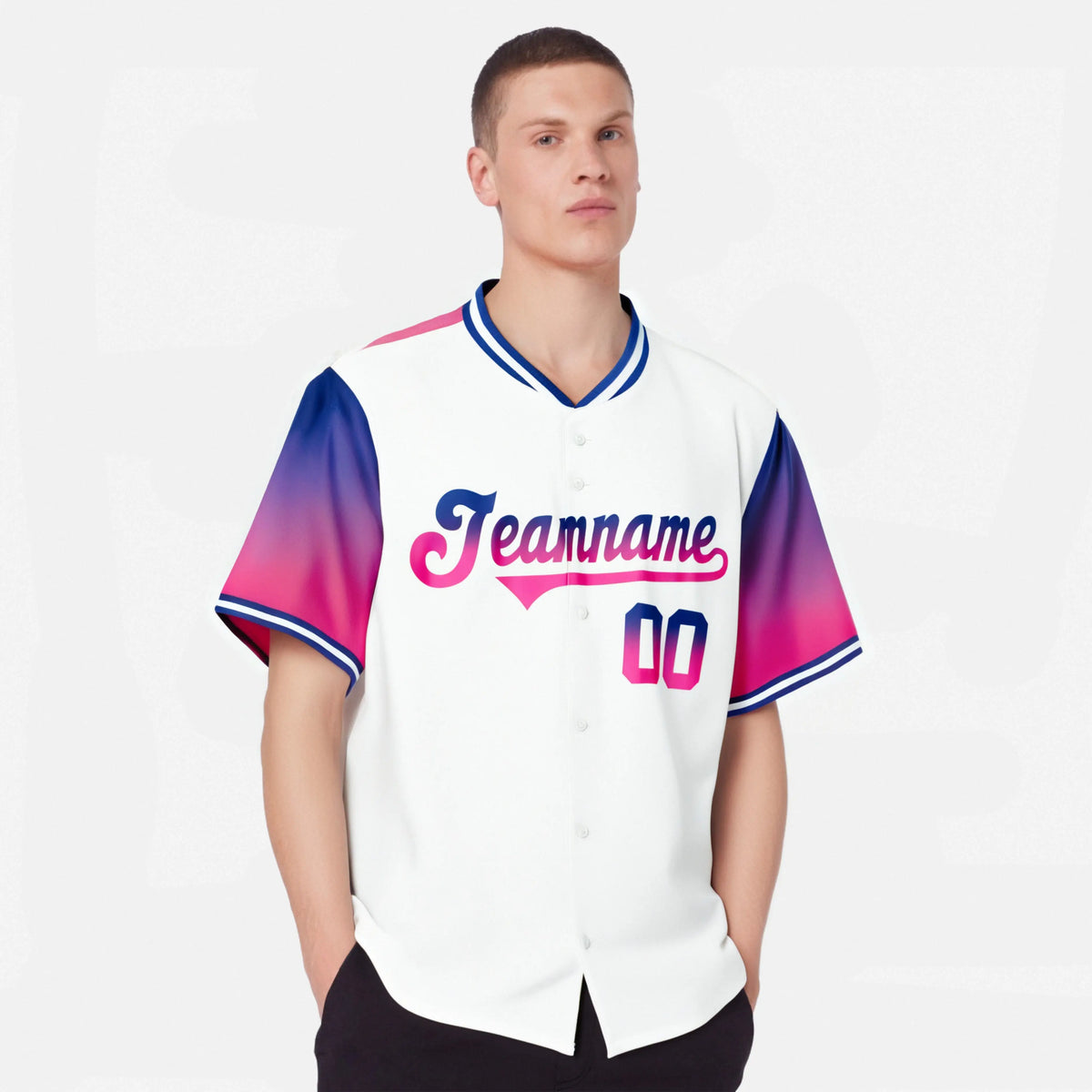 Custom White Royal Blue-Pink Gradient Fashion Authentic Baseball Jersey