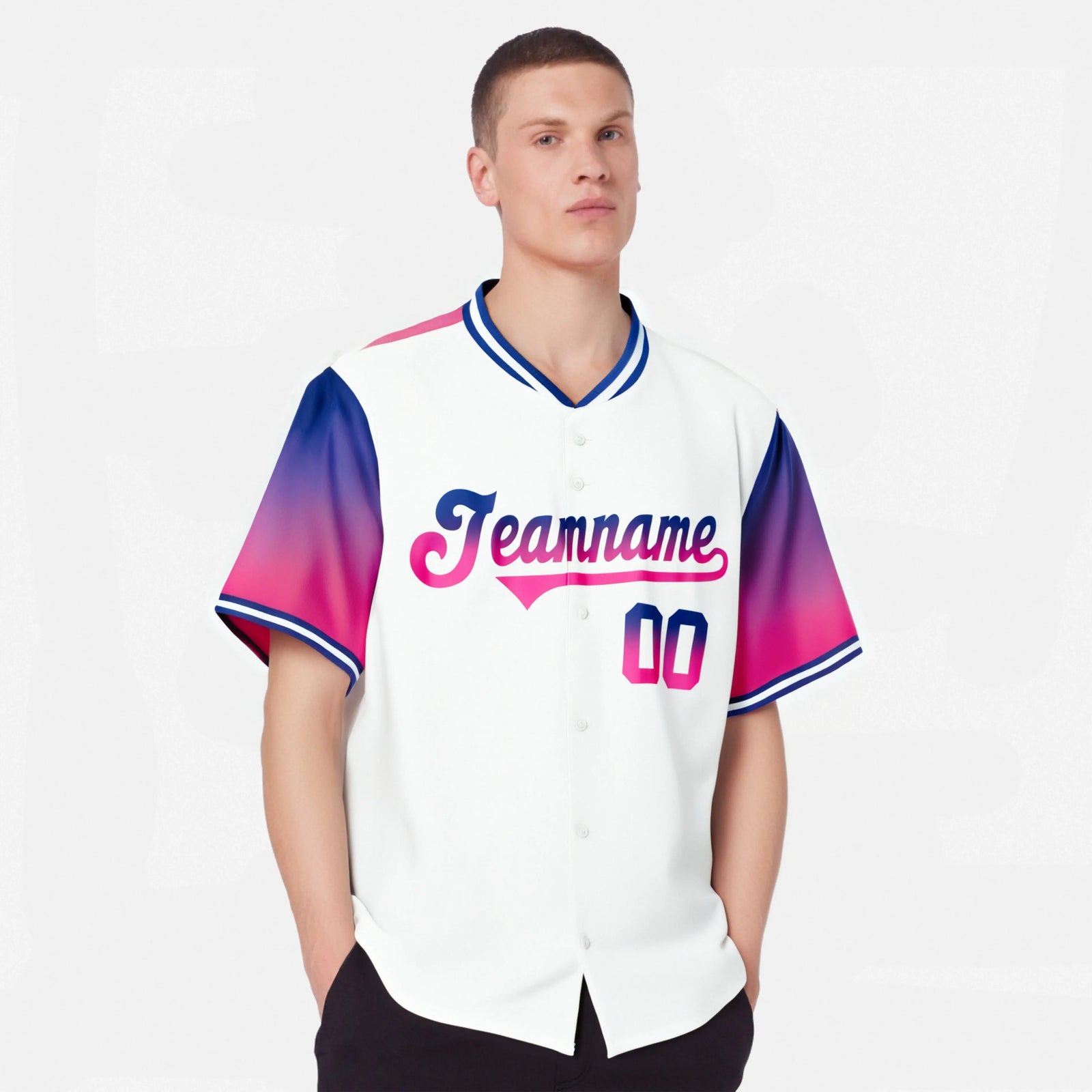 Custom White Royal Blue-Pink Gradient Fashion Authentic Baseball Jersey