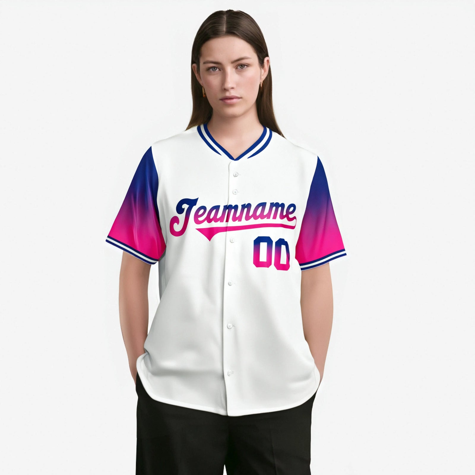 Custom White Royal Blue-Pink Gradient Fashion Authentic Baseball Jersey