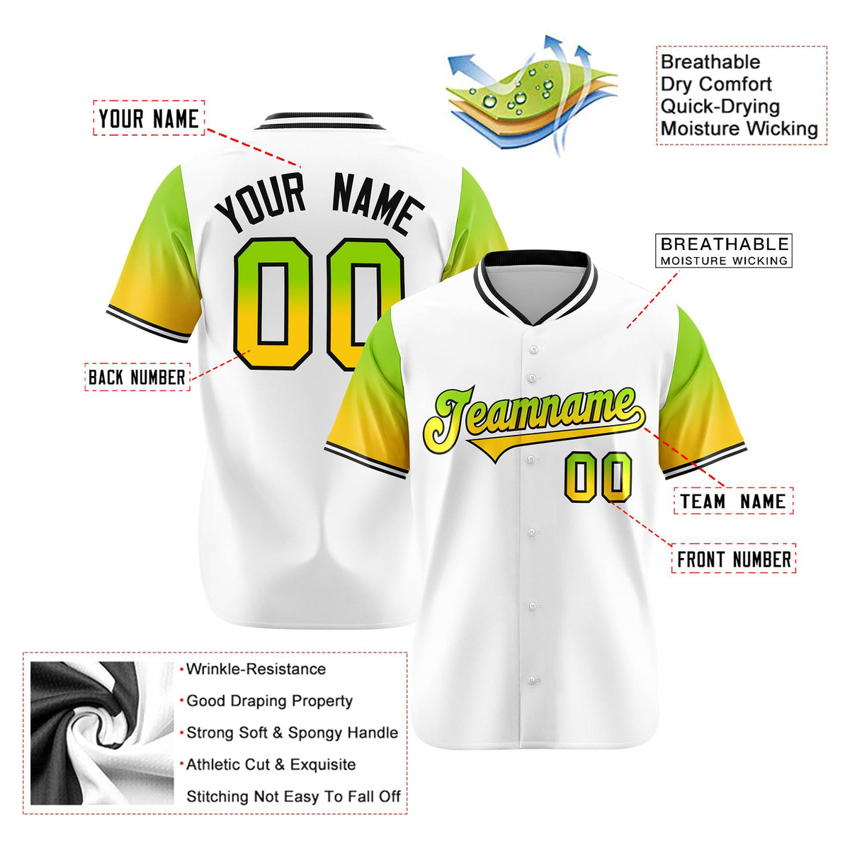 Custom White Neon Green-Gold Gradient Fashion Authentic Baseball Jersey
