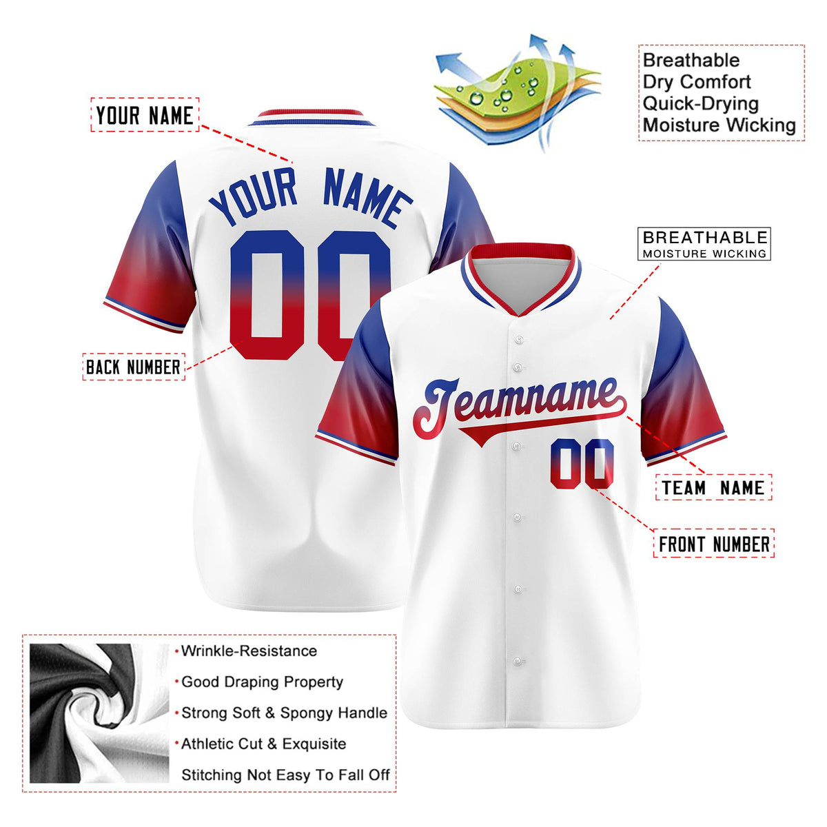 Custom White Royal Blue-Red Gradient Fashion Authentic Baseball Jersey
