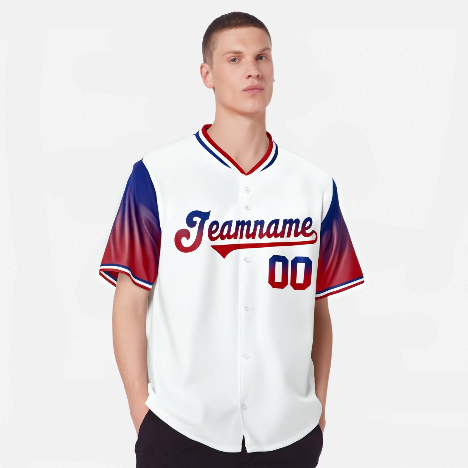 Custom White Royal Blue-Red Gradient Fashion Authentic Baseball Jersey