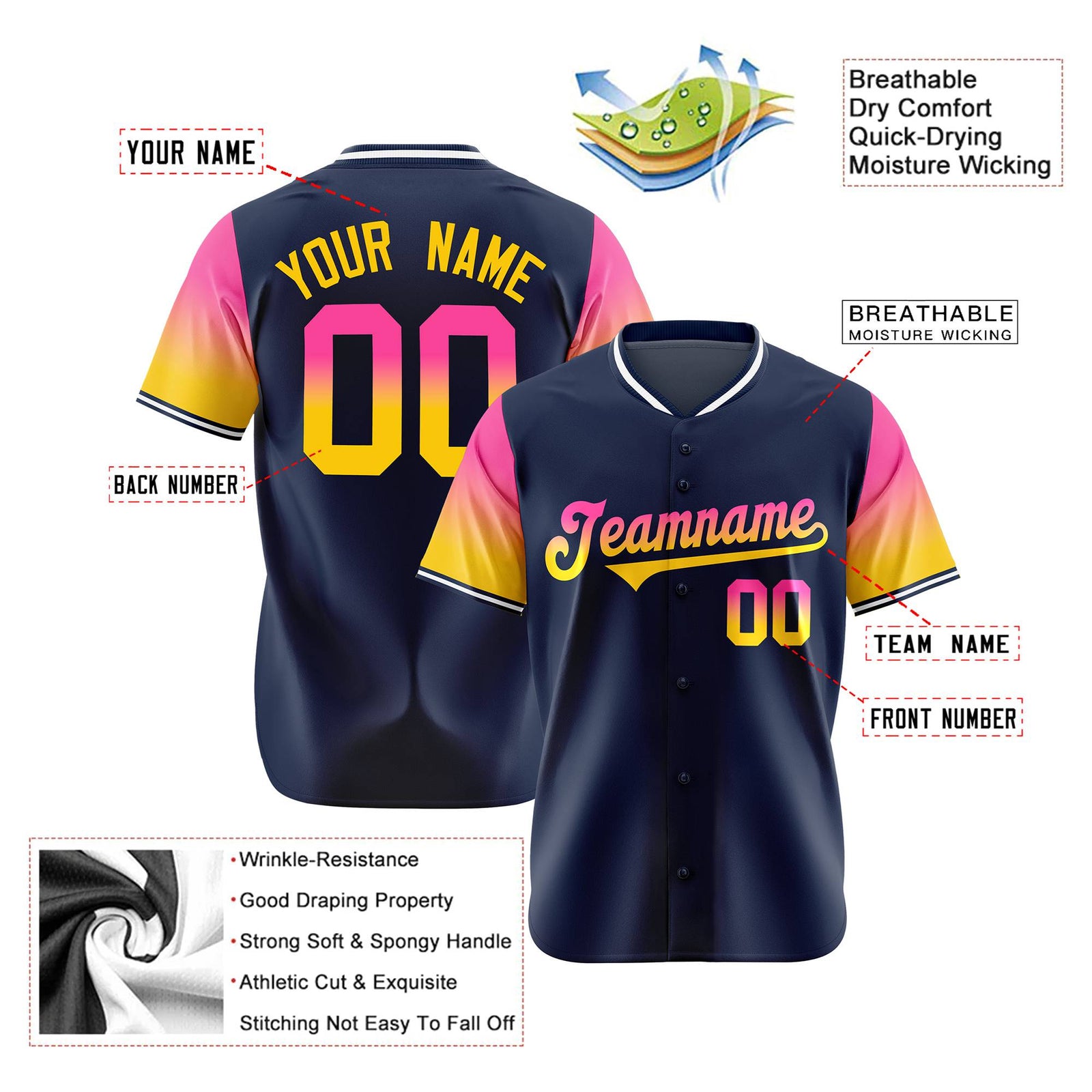 Custom Navy Pink-Gold Gradient Fashion Authentic Baseball Jersey