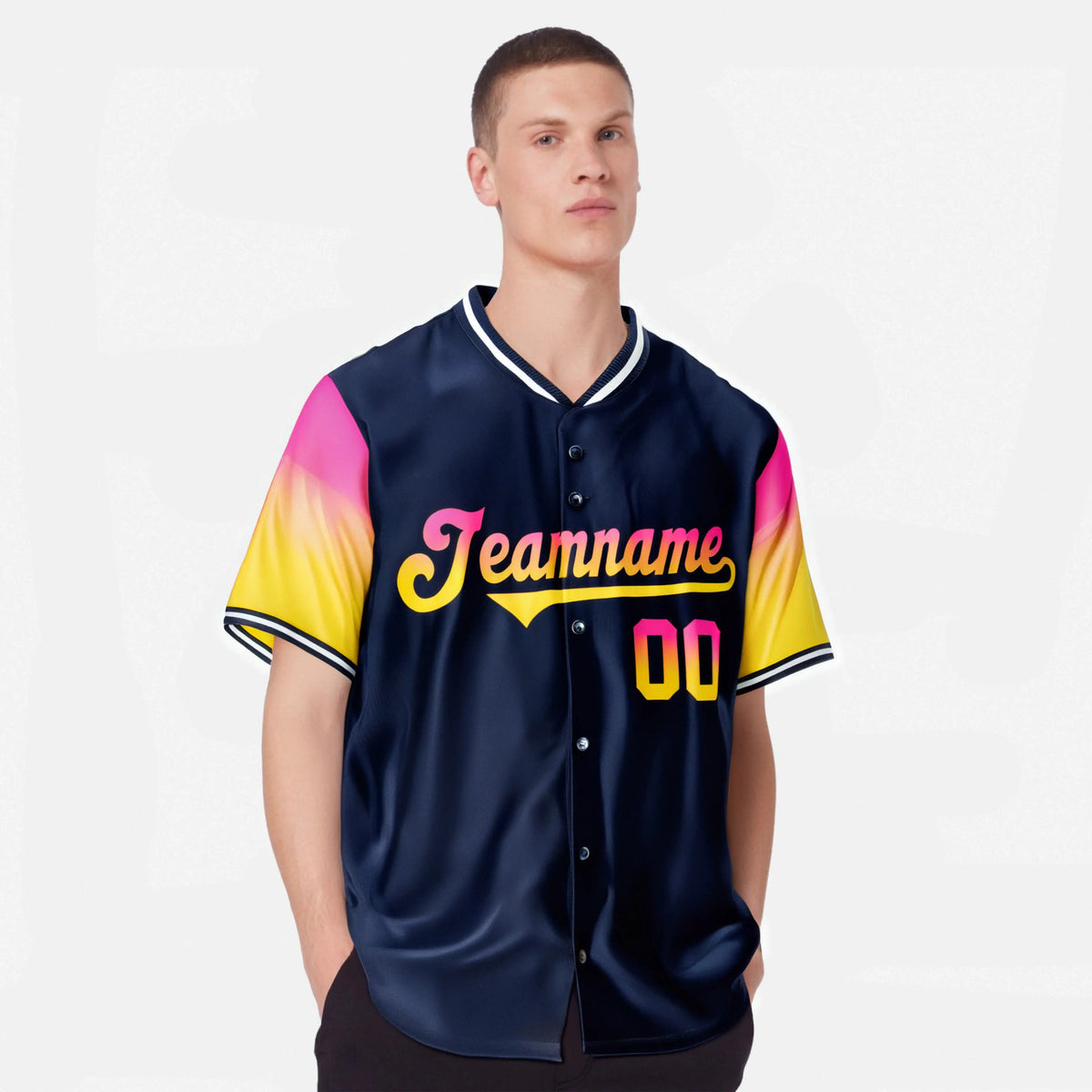 Custom Navy Pink-Gold Gradient Fashion Authentic Baseball Jersey
