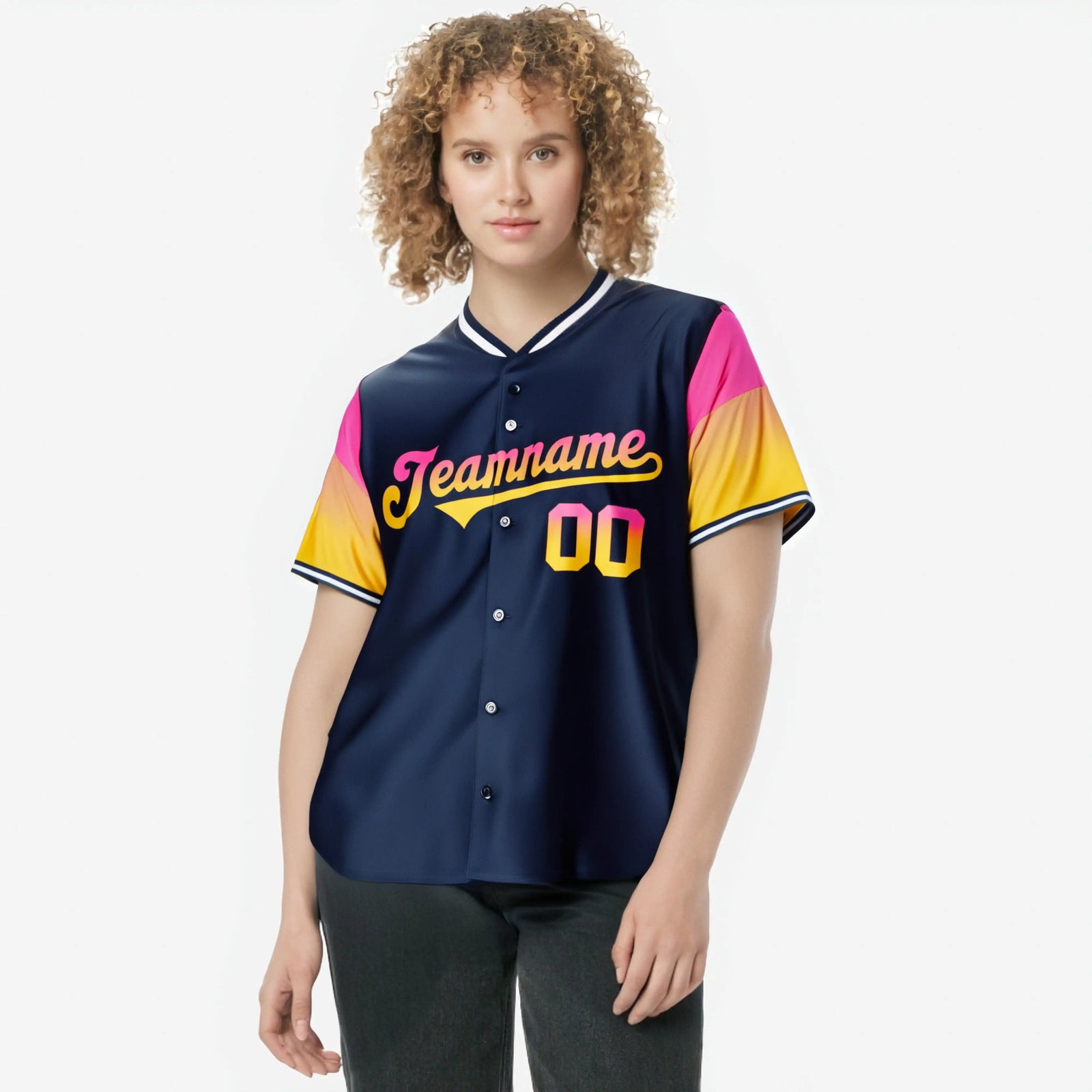 Custom Navy Pink-Gold Gradient Fashion Authentic Baseball Jersey