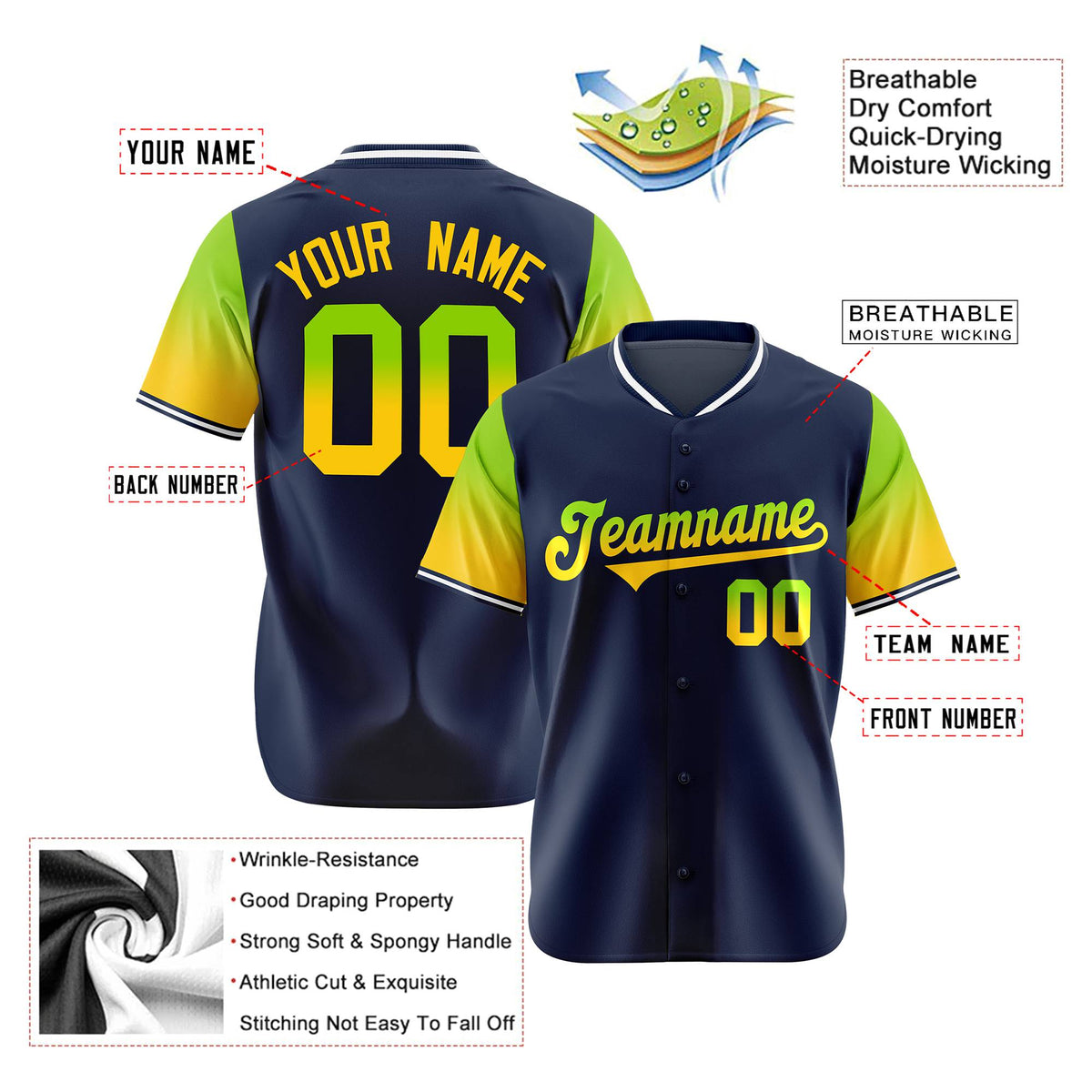 Custom Navy Neon Green-Gold Gradient Fashion Authentic Baseball Jersey