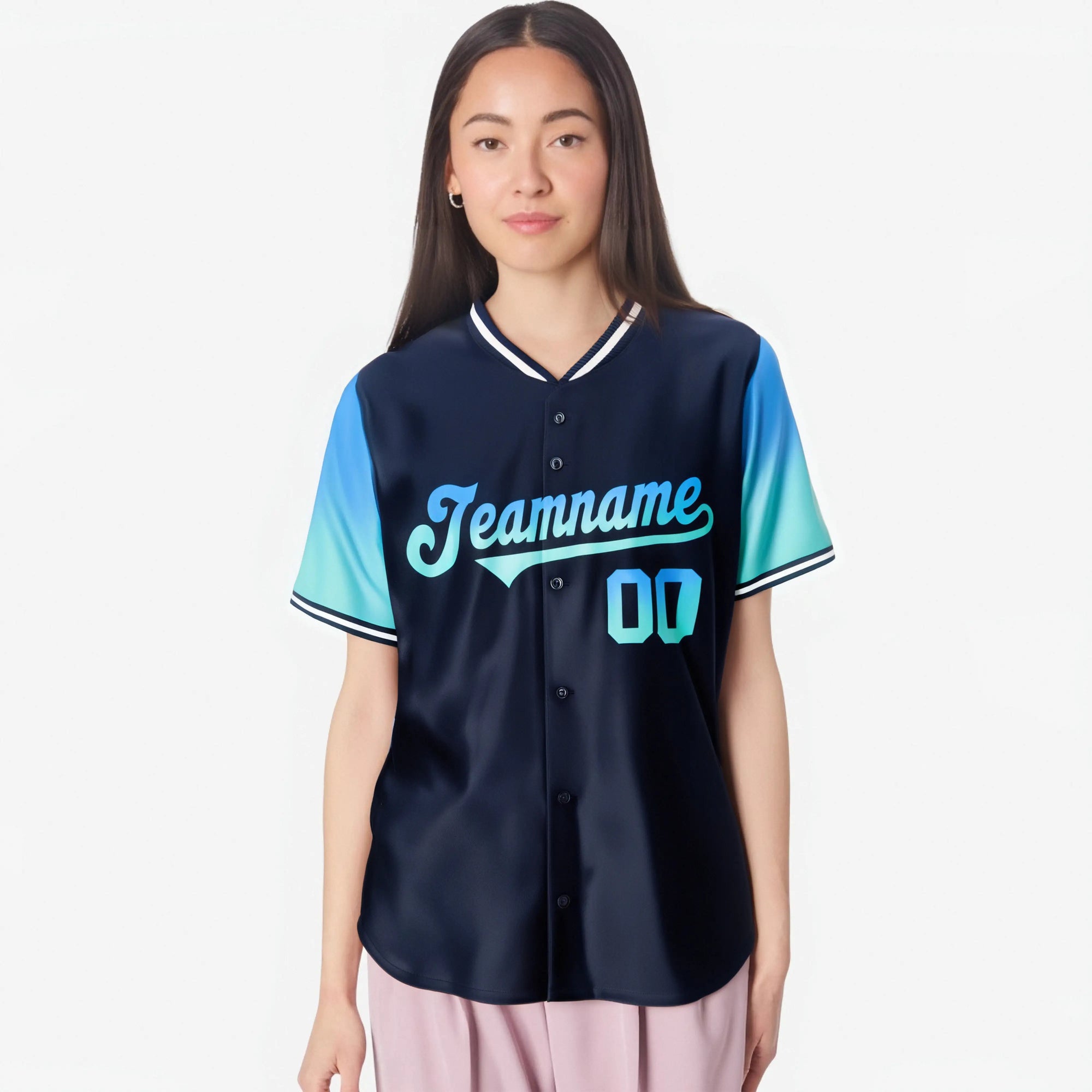 Custom Navy Powder Blue-Aqua Gradient Fashion Authentic Baseball Jersey