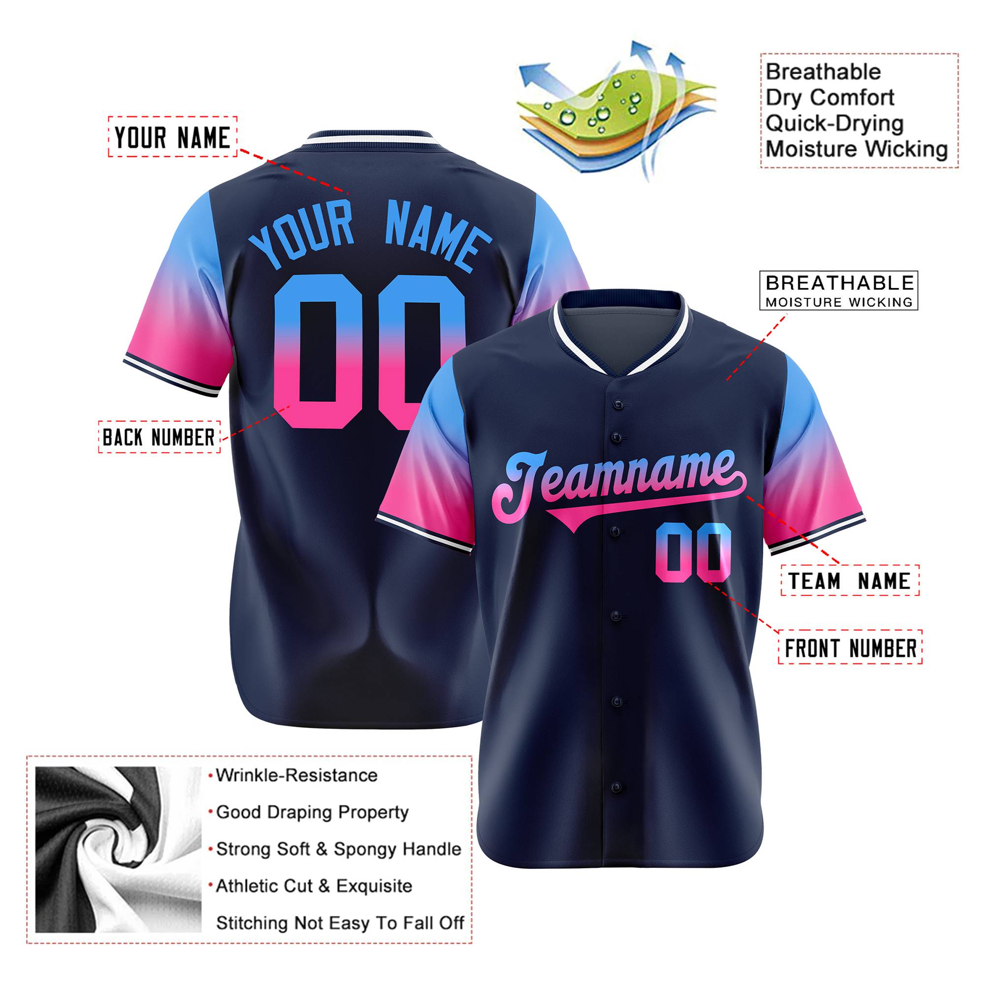 Custom Navy Powder Blue-Pink Gradient Fashion Authentic Baseball Jersey