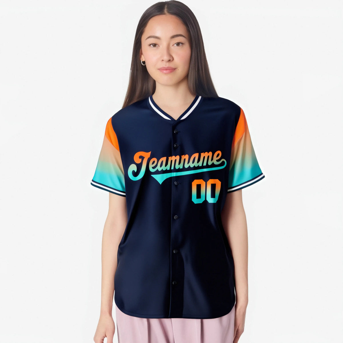 Custom Navy Orange-Aqua Gradient Fashion Authentic Baseball Jersey