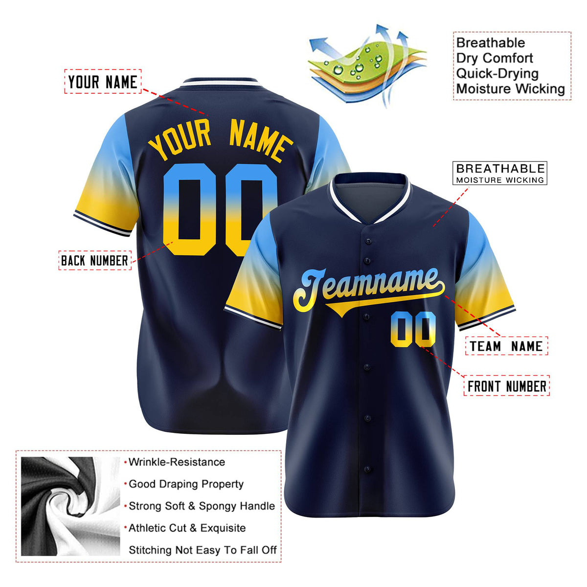 Custom Navy Powder Blue-Gold Gradient Fashion Authentic Baseball Jersey